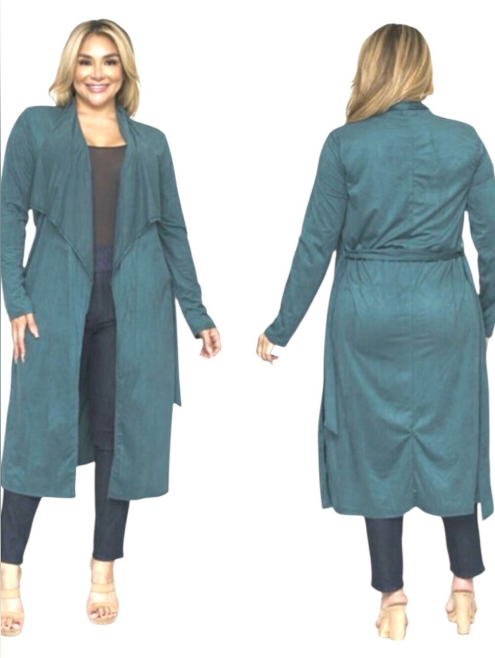 NWT Whisper Dark Teal Faux Suede Longline Duster Jacket Coat Tie-Belted Size 1XL